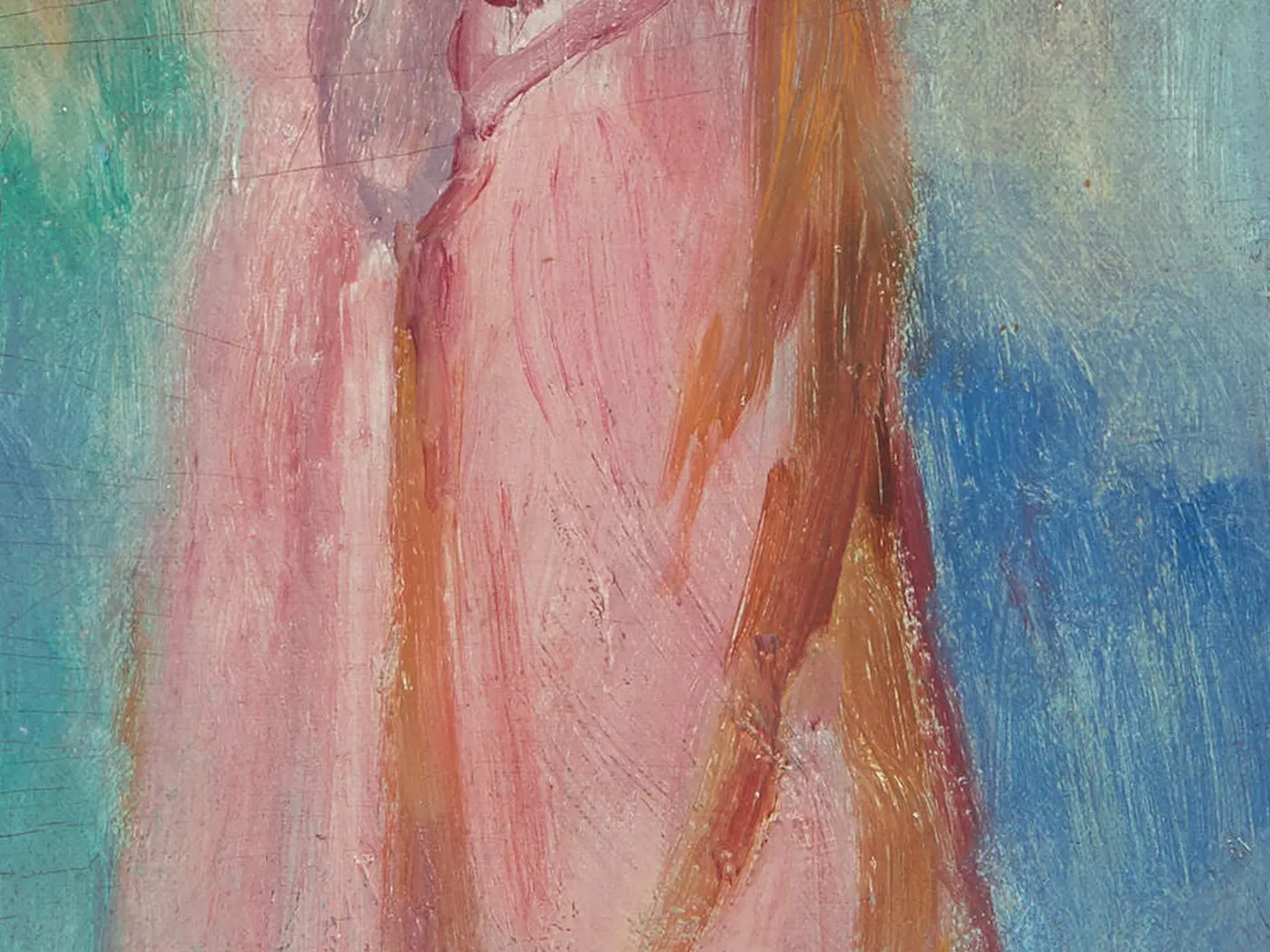 Close-up detail of impressionist brushwork from an Auguste Renoir painting, showing delicate pink and blue pigment layering.